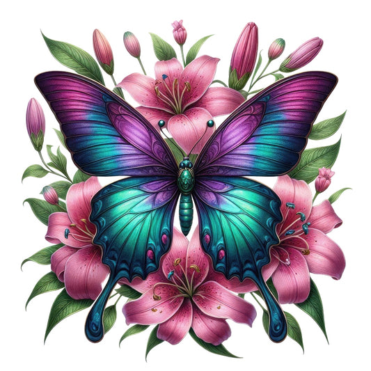 Butterflies and Flowers Fabric Panel 20 featuring a vibrant blue and purple butterfly resting on detailed pink lilies and green leaves.