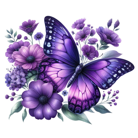 Butterflies and Flowers Fabric Panel 3 featuring a vibrant purple butterfly with detailed petals on premium quilting cotton.