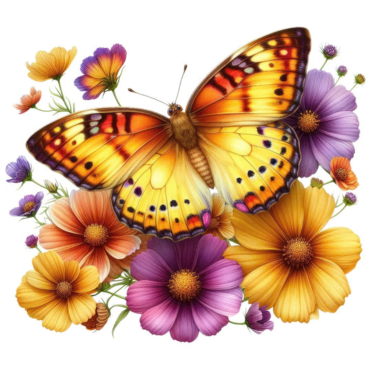Butterflies and Flowers Fabric Panel 5 featuring a vibrant orange butterfly surrounded by detailed purple and yellow flowers.