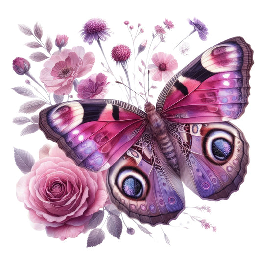 Butterflies and Flowers Fabric Panel 6 featuring a detailed pink and purple butterfly with floral accents on premium quilting cotton.