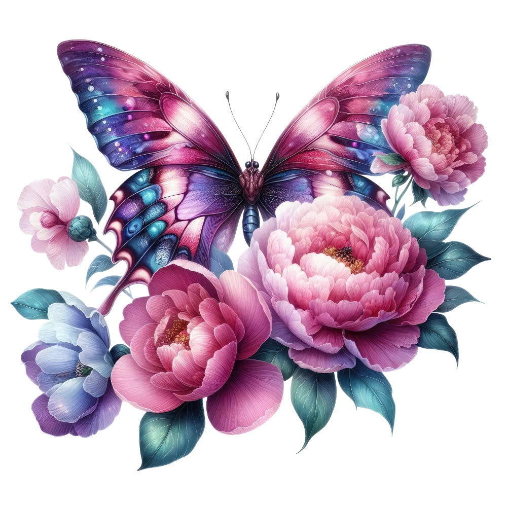 Butterflies and Flowers Fabric Panel 7 featuring vibrant purple and pink butterfly with detailed blooming flowers on premium quilting cotton