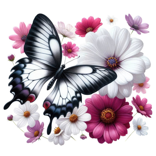 Butterflies and Flowers Fabric Panel 8 featuring a detailed black and white butterfly with vibrant pink and white flowers on premium quilting cotton.