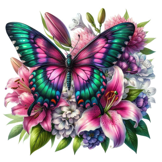 Butterflies and Flowers Fabric Panel 9 featuring vibrant pink and green butterfly over assorted colorful flowers on premium cotton fabric.