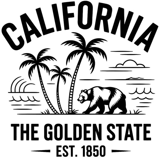 California Black and White Fabric Panel featuring palm trees, a bear, and "The Golden State" text in premium quilting cotton design.