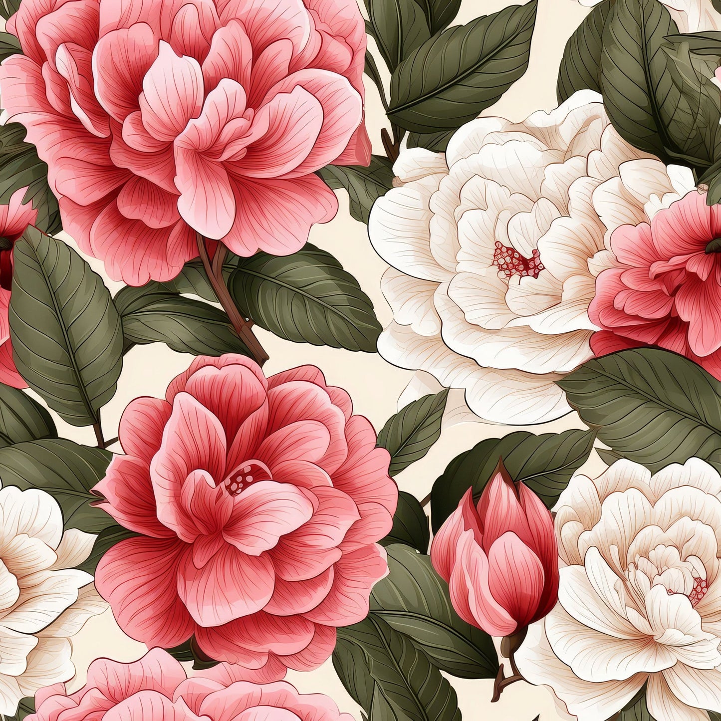 Camellia Flowers Pattern 1 Quilting Cotton Fabric