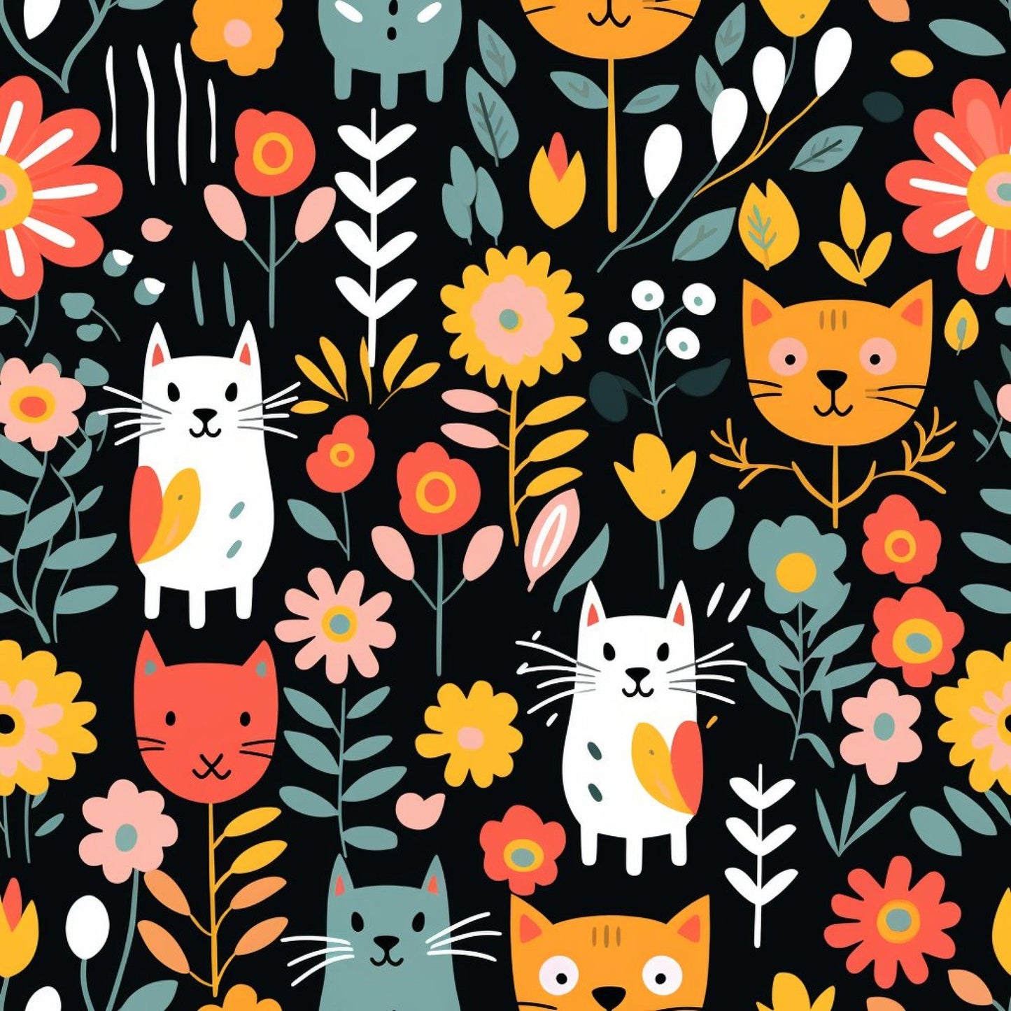 Catnip Bloom Whimsical Tabby Cat Pattern 1 Quilting Cotton Fabric