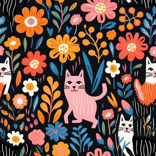 Catnip Bloom Whimsical Tabby Cat Pattern 2 Quilting Cotton Fabric