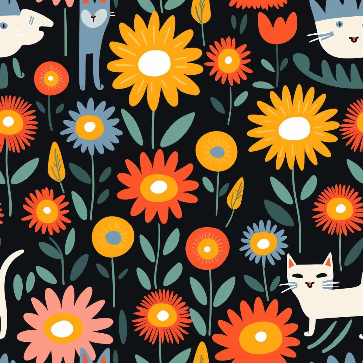Catnip Bloom Whimsical Tabby Cat Pattern 6 Quilting Cotton Fabric