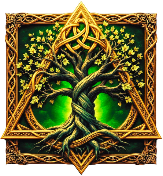 Celtic Tree of Life Fabric Panel featuring intricate golden Celtic knots entwined with a vibrant green tree and detailed leaves.