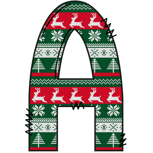Christmas Sweaters Letter A Fabric Panel with festive red, green, white reindeer and snowflake quilting cotton design