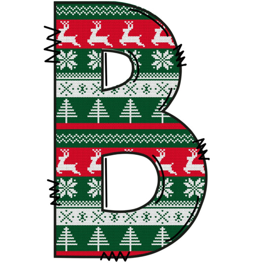 Christmas Sweaters Letter B Fabric Panel with red, green knit pattern featuring reindeer, snowflakes, and Christmas trees.