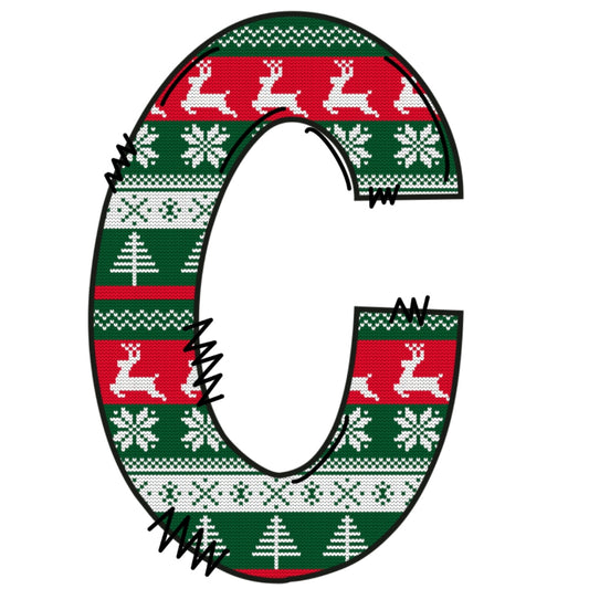 Christmas Sweaters Letter C Fabric Panel featuring red, green, and white knit patterns with reindeer and snowflakes design.