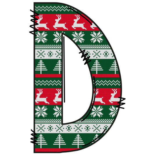 Christmas Sweaters Letter D Fabric Panel with green, red, and white holiday patterns featuring reindeer and snowflakes on premium cotton.