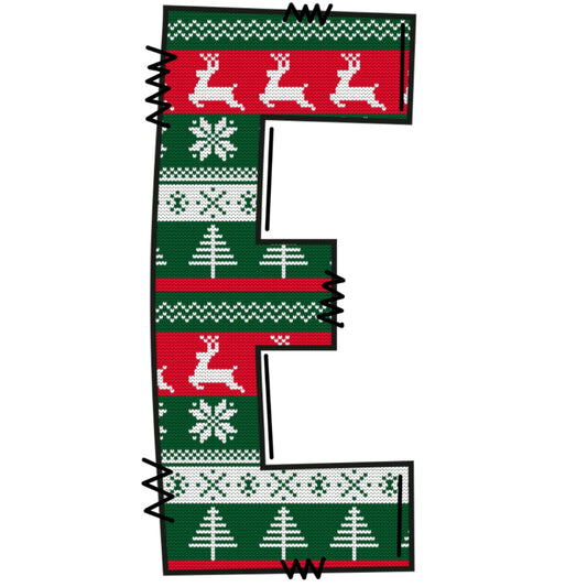Christmas Sweaters Letter E Fabric Panel with festive red, green, and white holiday patterns printed on 100% premium quilting cotton.