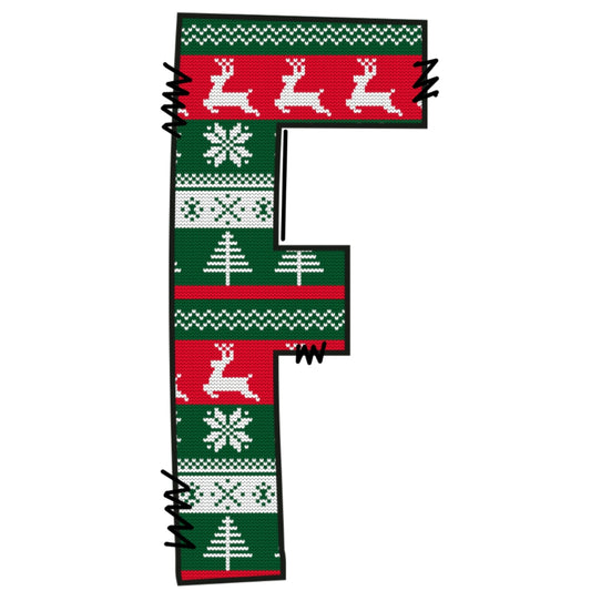 Christmas Sweaters Letter F Fabric Panel with red and green holiday patterns featuring reindeer, snowflakes, and Christmas trees.