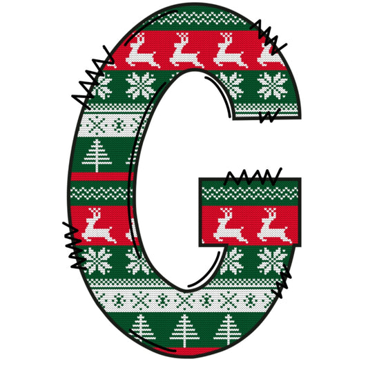 Christmas Sweaters Letter G Fabric Panel featuring festive red, green, white quilting cotton with reindeer and snowflake patterns.