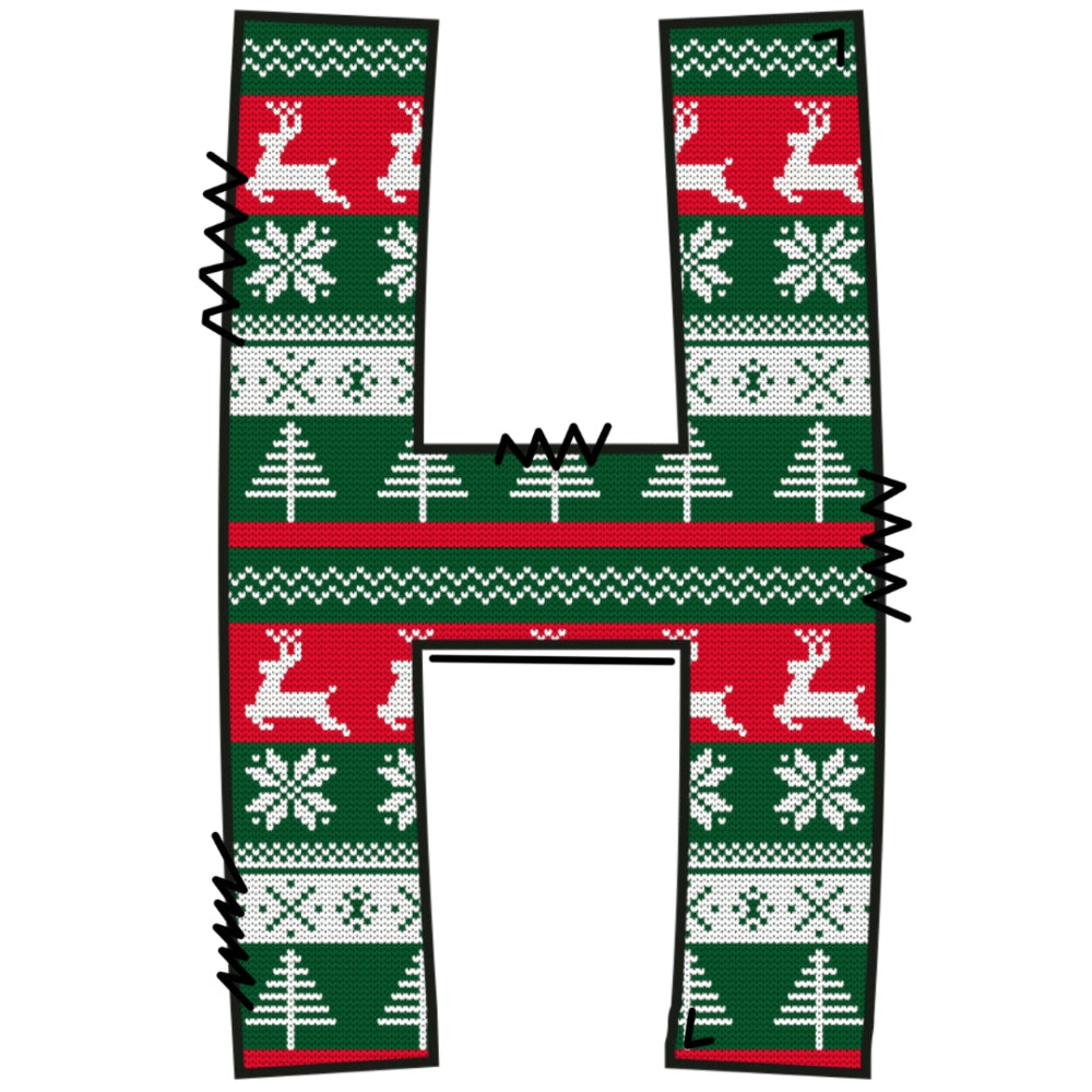Christmas Sweaters Letter H Fabric Panel featuring festive reindeer, snowflakes, and holiday trees in red and green quilting cotton.