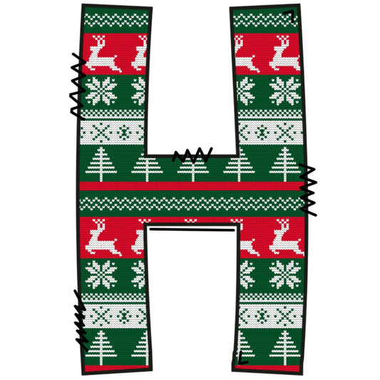 Christmas Sweaters Letter H Fabric Panel featuring festive reindeer, snowflakes, and holiday trees in red and green quilting cotton.