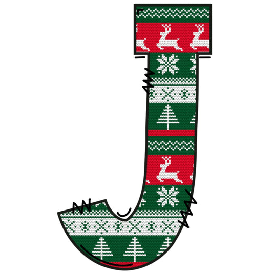 Christmas Sweaters Letter J Fabric Panel features a holiday knit pattern with reindeer, trees, and snowflakes in red, green, and white.