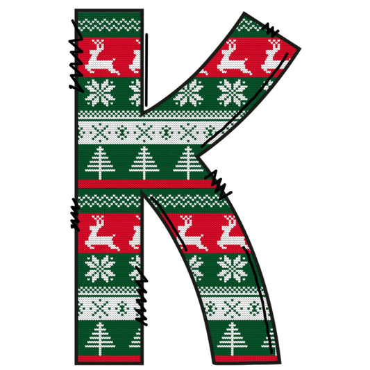 Christmas Sweaters Letter K Fabric Panel featuring festive red, green, white patterns with reindeer and snowflakes design.