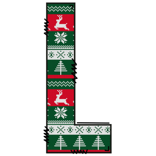 Christmas Sweaters Letter L Fabric Panel featuring festive reindeer, snowflakes, and trees in red, green, and white quilting cotton design.