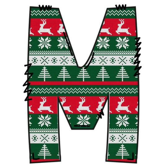 Christmas Sweaters Letter M Fabric Panel with festive red, green, and white holiday patterns featuring reindeer and snowflakes.
