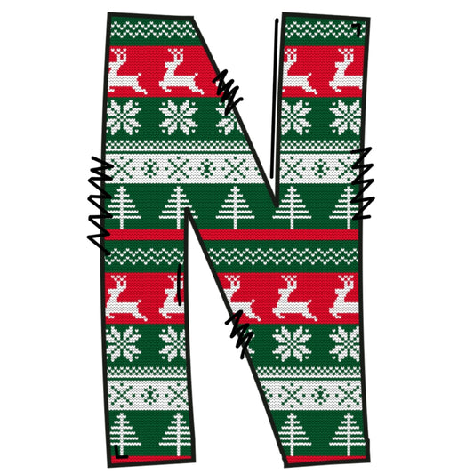 Christmas Sweaters Letter N Fabric Panel with festive reindeer, snowflakes, and tree patterns in red, green, and white colors.