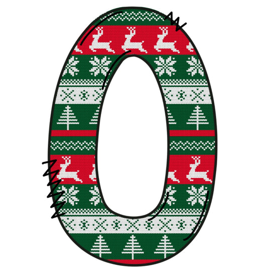 Christmas Sweaters Letter O Fabric Panel with red, green, white holiday patterns featuring reindeer, snowflakes, and trees in quilting cotton.