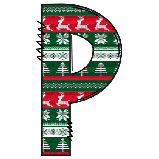 Christmas Sweaters Letter P Fabric Panel featuring red, green, and white holiday knit patterns with reindeer and trees.