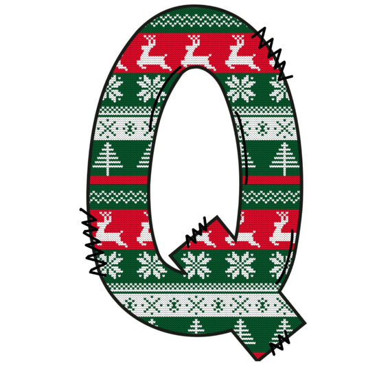 Christmas Sweaters Letter Q Fabric Panel featuring reindeer, snowflakes, and trees in red, green, and white festive knit pattern.