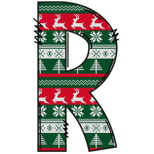 Christmas Sweaters Letter R Fabric Panel featuring festive red, green, and white designs with reindeer and snowflakes on quilting cotton.