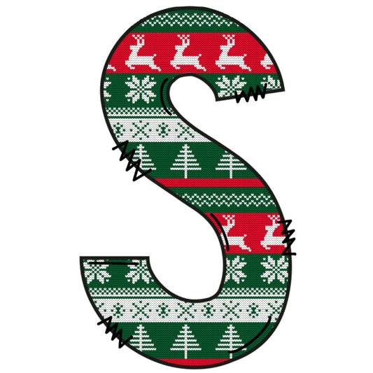 Christmas Sweaters Letter S Fabric Panel with festive reindeer, snowflakes, and tree patterns in red, green, and white quilting cotton.