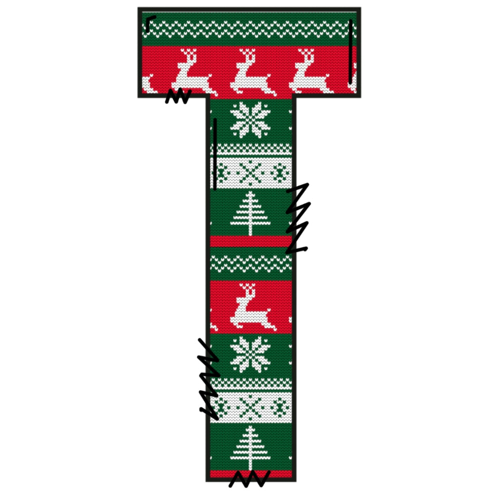 Christmas Sweaters Letter T Fabric Panel featuring festive reindeer, snowflakes, and Christmas trees in red and green quilting cotton.