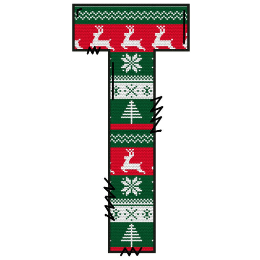 Christmas Sweaters Letter T Fabric Panel featuring festive reindeer, snowflakes, and Christmas trees in red and green quilting cotton.