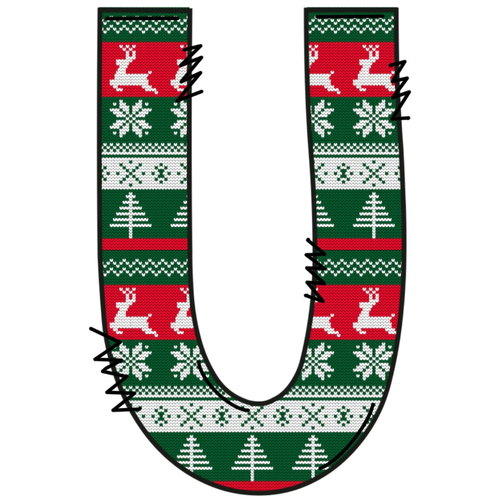 Christmas Sweaters Letter U Fabric Panel featuring festive reindeer, snowflakes, and trees in red, green, and white colors.