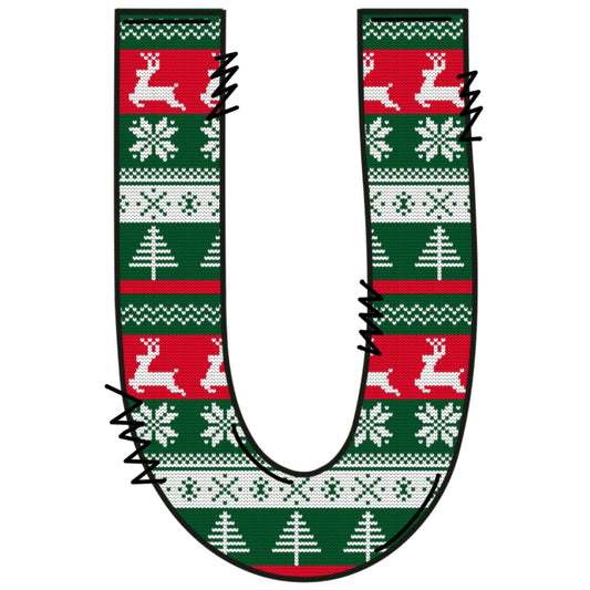 Christmas Sweaters Letter U Fabric Panel featuring festive reindeer, snowflakes, and trees in red, green, and white colors.