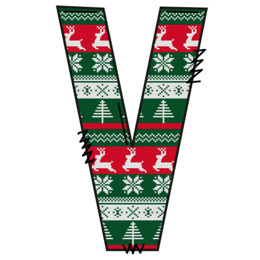 Christmas Sweaters Letter V Fabric Panel featuring reindeer and tree patterns in red, green, and white knitting style design.