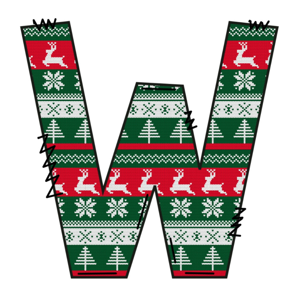 Christmas Sweaters Letter W Fabric Panel with festive reindeer, snowflakes, and tree patterns on premium quilting cotton fabric.