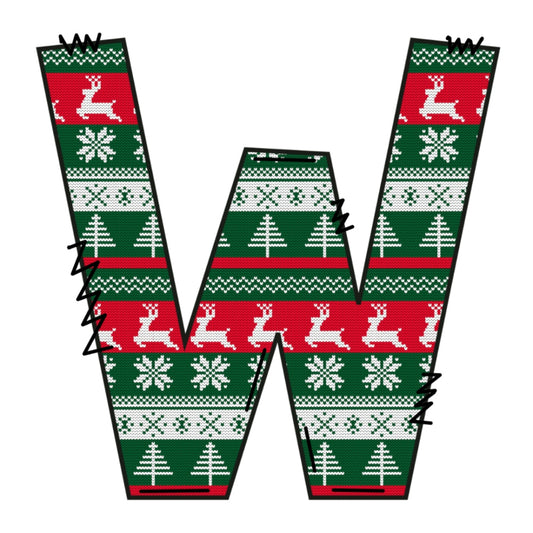 Christmas Sweaters Letter W Fabric Panel with festive reindeer, snowflakes, and tree patterns on premium quilting cotton fabric.