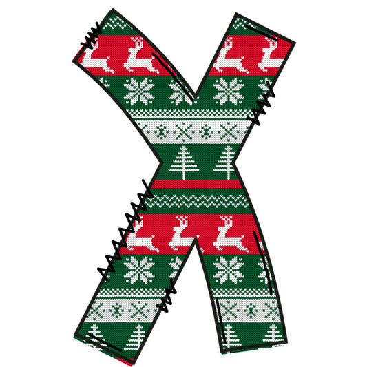 Christmas Sweaters Letter X Fabric Panel with festive reindeer, snowflakes, and tree patterns in red, green, and white colors.