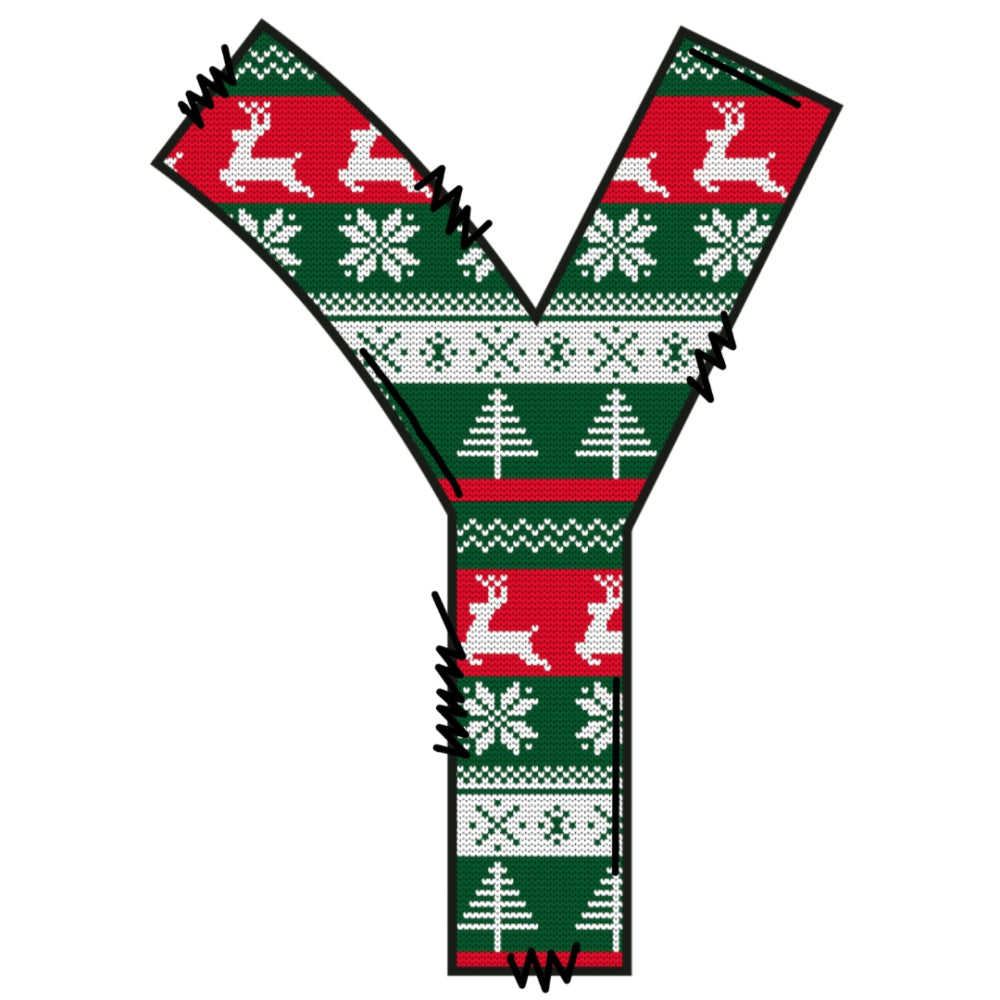 Christmas Sweaters Letter Y Fabric Panel with festive red, green, white patterns of reindeer, snowflakes, and trees on premium quilting cotton.
