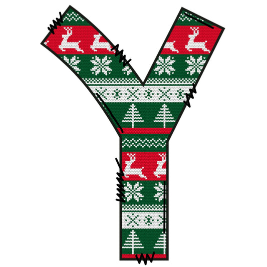 Christmas Sweaters Letter Y Fabric Panel with festive red, green, white patterns of reindeer, snowflakes, and trees on premium quilting cotton.