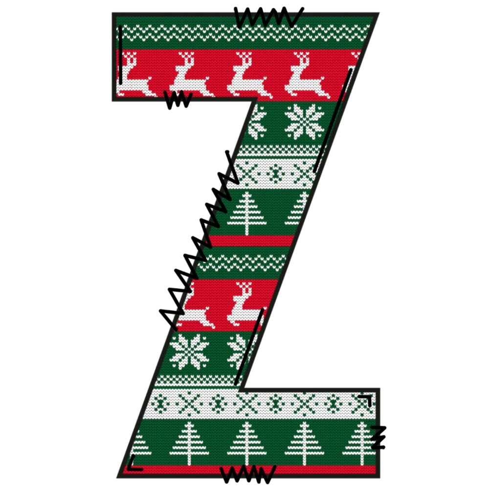 Christmas Sweaters Letter Z Fabric Panel with red, green, white knit pattern featuring reindeer, snowflakes, and Christmas trees.