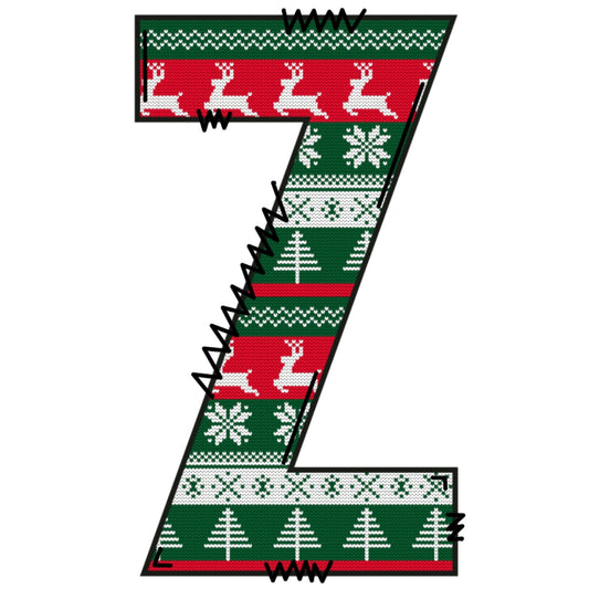 Christmas Sweaters Letter Z Fabric Panel with red, green, white knit pattern featuring reindeer, snowflakes, and Christmas trees.