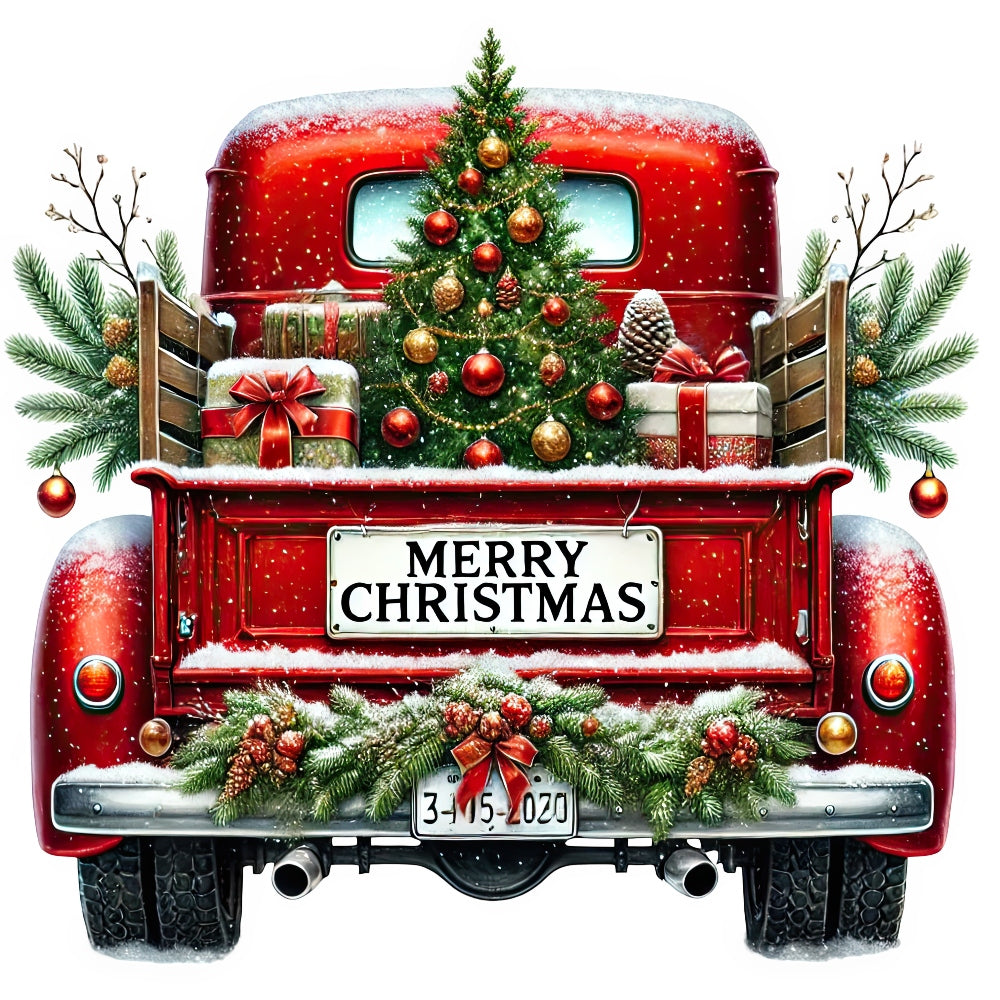 Christmas Trucks Fabric Panel 1 shows a red vintage truck loaded with decorated Christmas tree and wrapped gifts in snow.