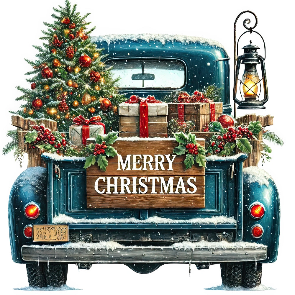 Christmas Trucks Fabric Panel 10 featuring a vintage blue truck with gifts and a Christmas tree in the snowy bed.