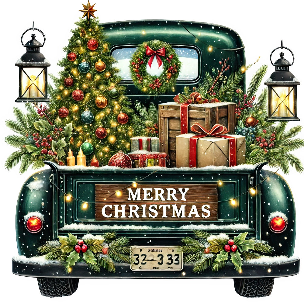 Christmas Trucks Fabric Panel 2 shows a vintage green truck loaded with Christmas tree, gifts, wreath, and festive lanterns.