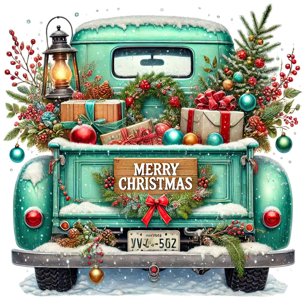 Christmas Trucks Fabric Panel 22 featuring a vintage green truck with festive gifts, wreaths, and holiday decorations in snow.