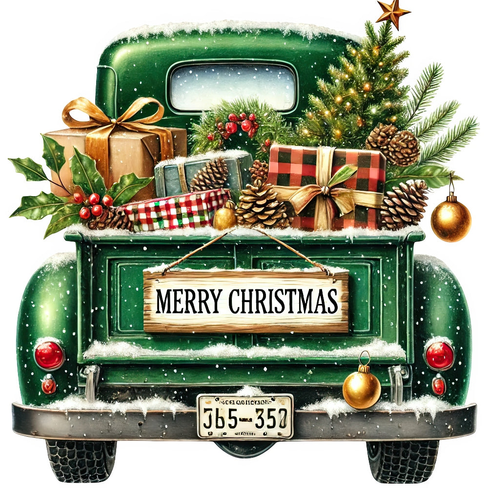 Christmas Trucks Fabric Panel 5 showing a vintage green truck loaded with wrapped gifts, pine cones, and a decorated Christmas tree.