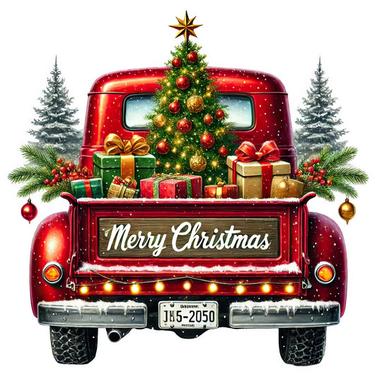 Christmas Trucks Fabric Panel 6 showing red vintage truck with decorated Christmas tree and gifts in bed, snowy holiday scene.